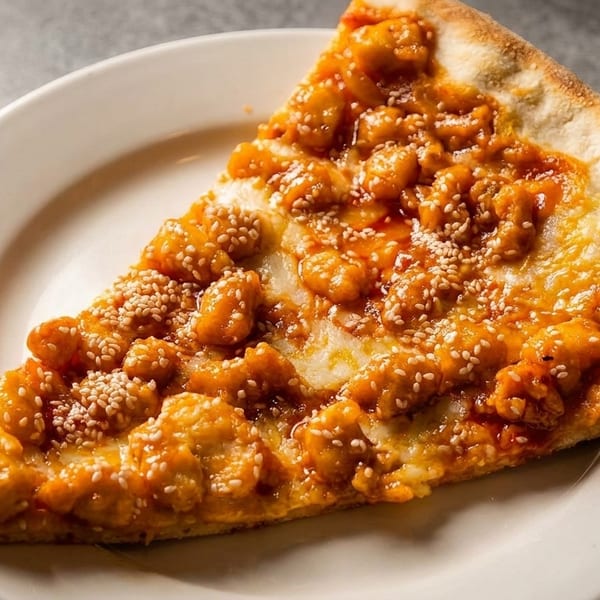 A slice of General Tso's chicken pizza, topped with sesame seeds, on a white plate.