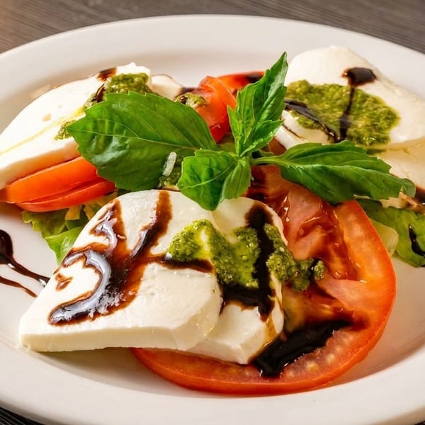 Caprese salad with fresh mozzarella, sliced tomatoes, basil, pesto, and balsamic glaze on a white plate.