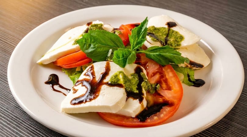 Caprese salad with fresh mozzarella, sliced tomatoes, basil, pesto, and balsamic glaze on a white plate.