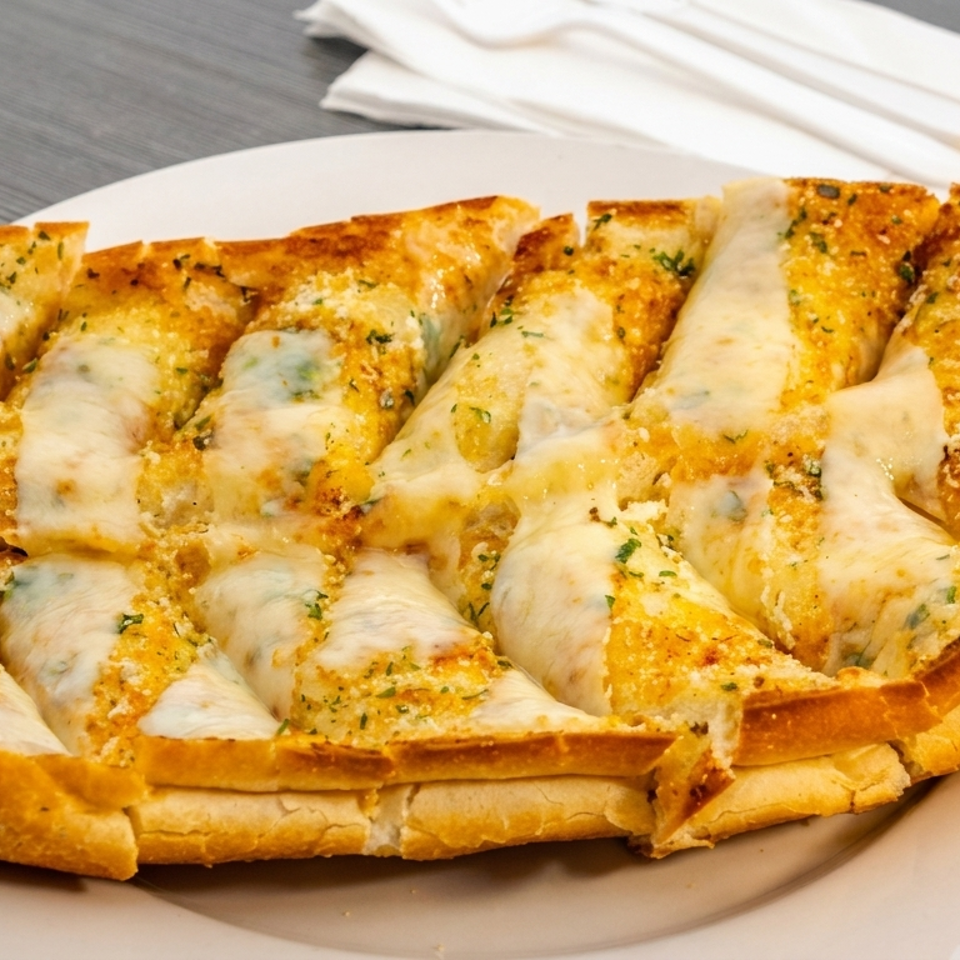 Cheesy garlic bread, cut into slices, on a white plate with napkins and cutlery in the background.